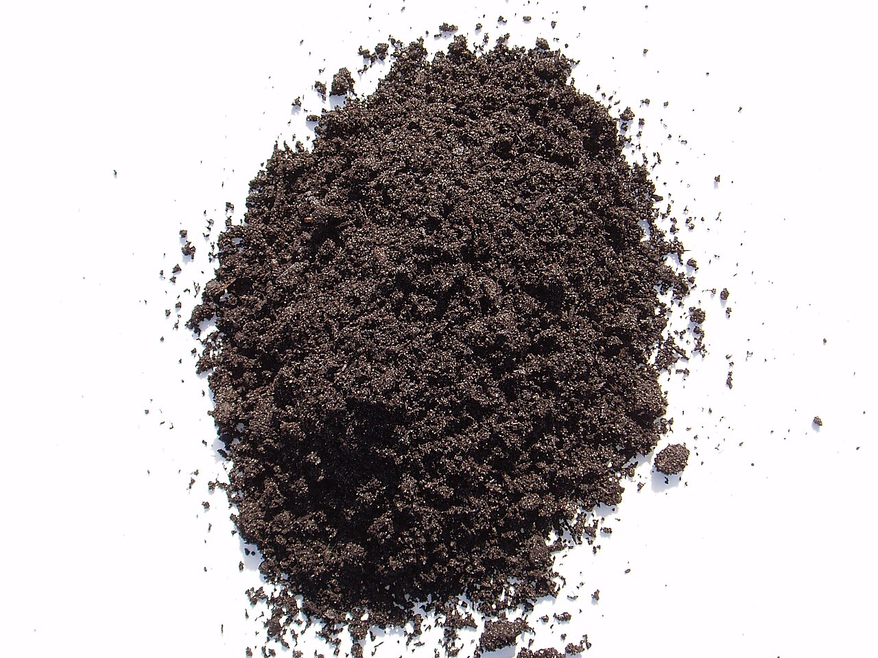 A pile of dark soil on a white background.